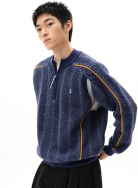 roaringwild a arch咆哮野兽蓝色条纹上衣半拉链套头情侣针织毛衣