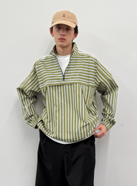 roaringwild a arch 咆哮野兽 绿色条纹半拉链立领休闲长袖衬衫男