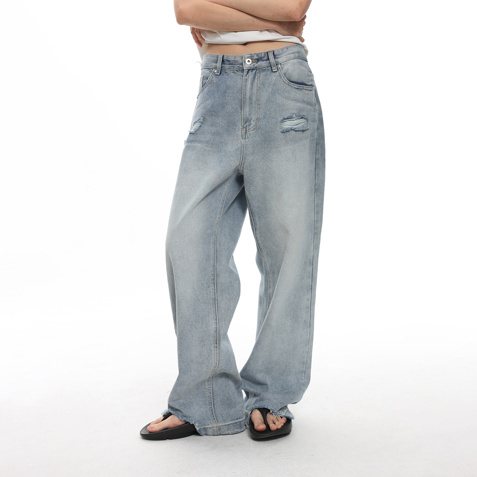 咆哮野兽水洗破坏直筒牛仔长裤