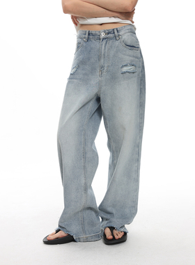 roaringwild a arch 咆哮野兽 浅蓝色水洗破坏直筒牛仔长裤