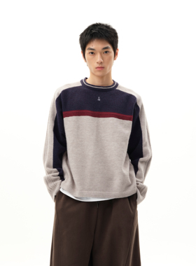 roaringwild a arch 咆哮野兽 撞色拼接圆领秋冬复古针织衫毛衣男