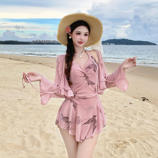 两件套平角遮肚显瘦度假泡温泉泳装 2026新款 泳衣女保守连体裙式