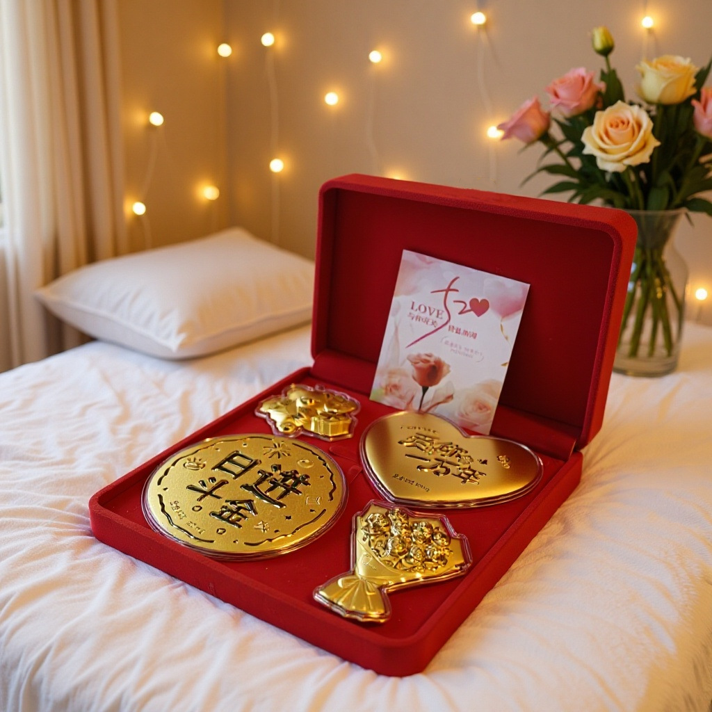 足金999黄金大饼摆件玫瑰花花束套装礼盒送女友送老婆七夕节礼物