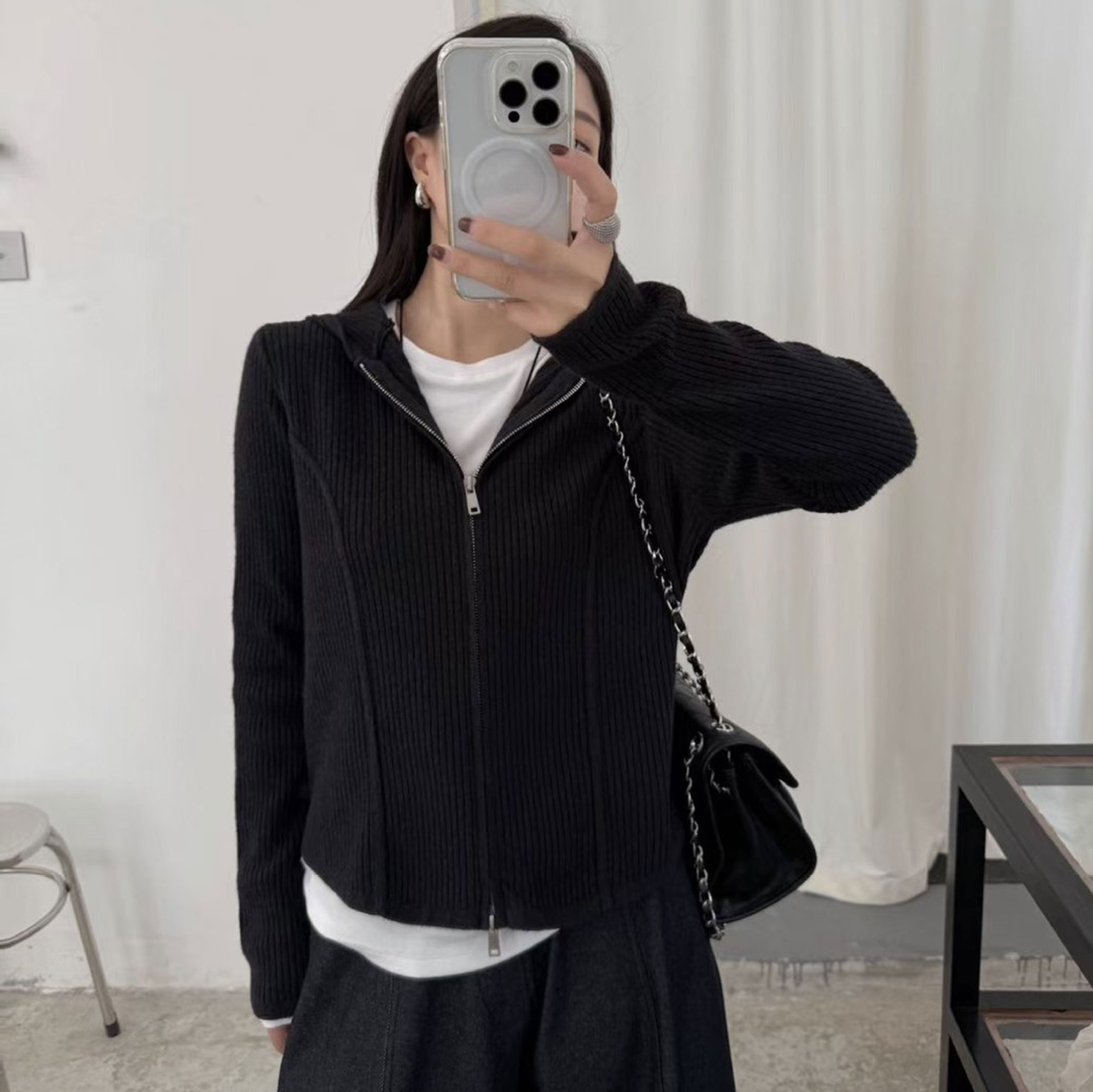 25秋冬设计感连帽双拉链长袖针织开衫简约宽松坑条毛织外套25630