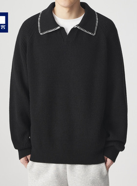 最新款墨麦客撞色串缝翻领毛衣男宽松休闲男士针织衫20737