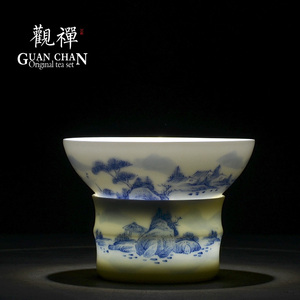 景德镇手绘青花瓷茶滤 山水陶瓷茶漏 功夫茶茶具 茶道配件