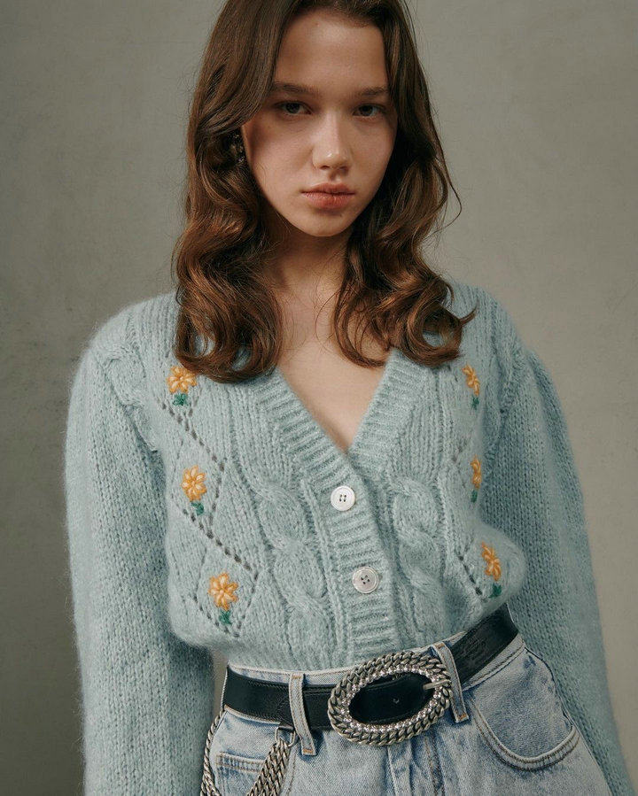 alessandrarich纯手工花朵vintage复古法式羊毛衣针织开衫外套女