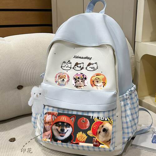 小狗小猫书包小清新蓝格ins百搭印花轻便耐用高颜值双肩背包