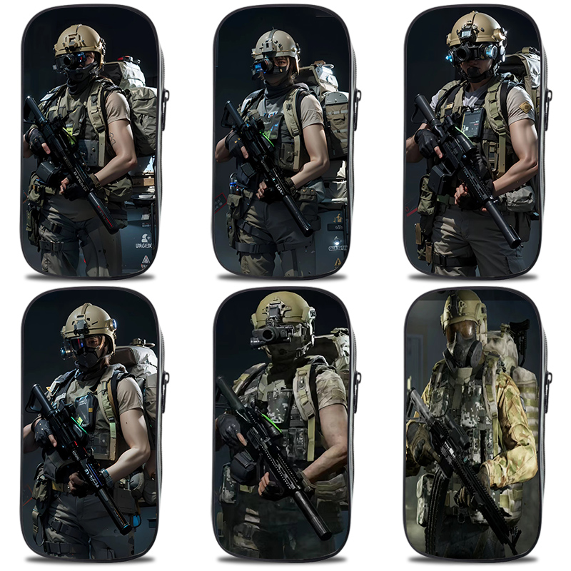 新款潮酷笔袋大容量帆布三层防水文具盒暗区突围学生文具收纳印花