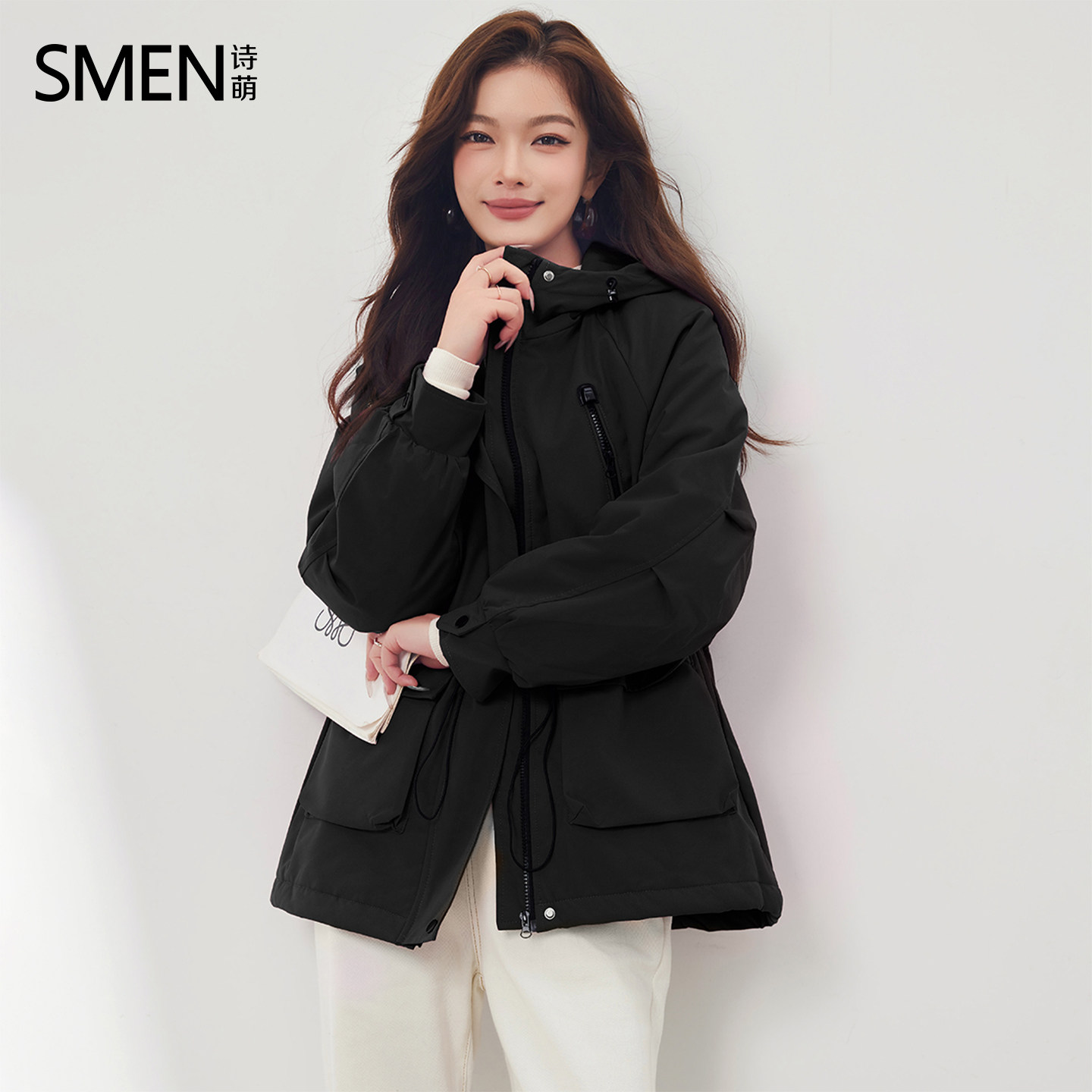 Smen诗萌工装风连帽棉服女2026中长款多口袋抽绳防风保暖外套女,女装/女士精品,派克服,淘宝优惠券,粉丝福利购,淘宝优惠卷
