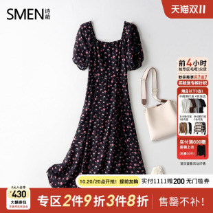 气质修身 Smen诗萌法式 新款 2025年夏季 裙子 复古印花连衣裙女中长款