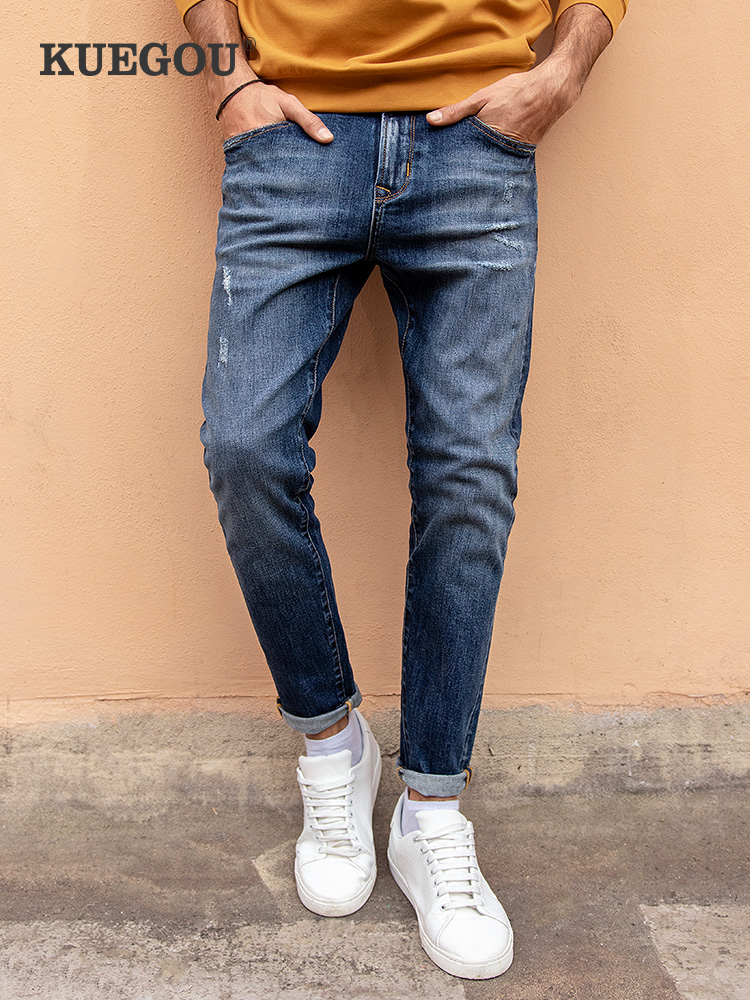 Kuegou men's denim pants men's spring and summer scraped and worn slim cigarette tube pants comfortable micro elastic pants 1837