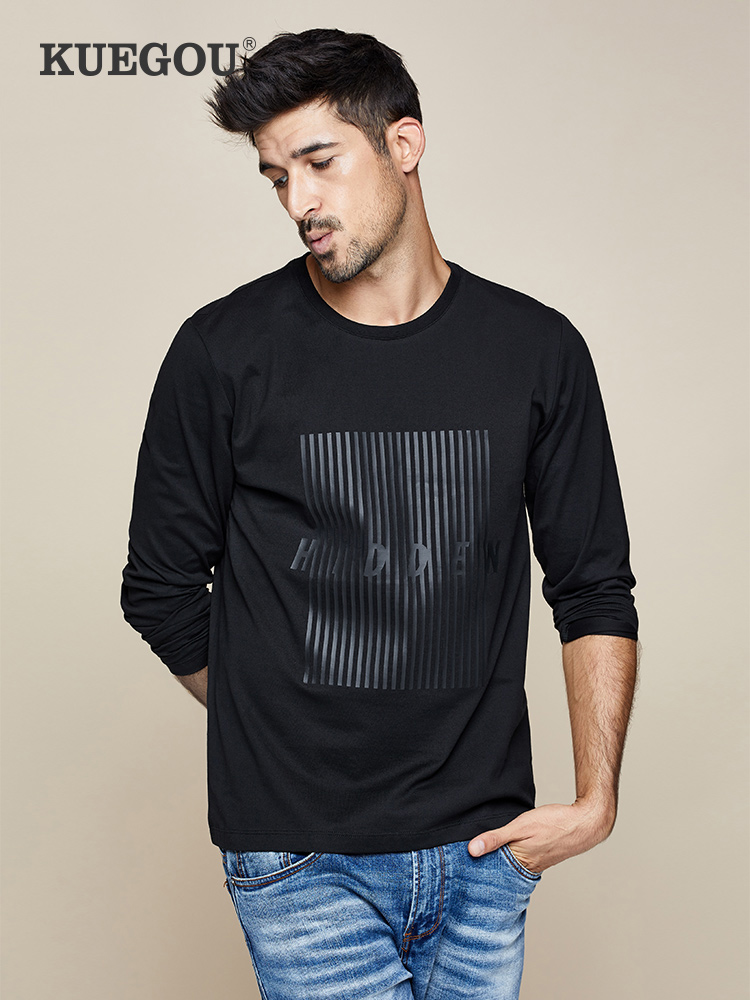 Cool clothes buy men's long-sleeved T-shirt men's round neck letter printing pure cotton T-shirt simple black top tide 7731