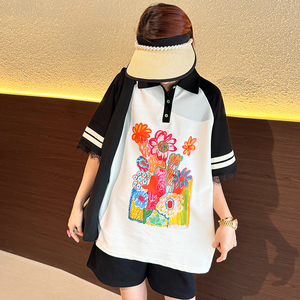 欧货大版2024夏季新款涂鸦花朵宽松显瘦遮肉短袖T恤女POLO衫上衣