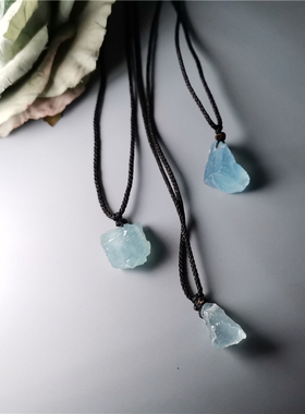 璃 仲夏至原创天然海蓝宝原石随形吊坠文艺棉麻项链三月石女