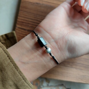 玄芒 原创简约文艺黑碧玺石925银珠黑白系百搭男女冷淡风设计手绳