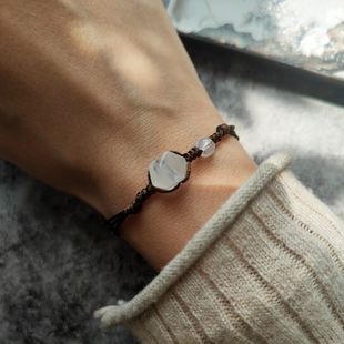 晓月 天然蓝月光刻面文艺石气质复古百搭编织男女免摘棕蜡绳手绳