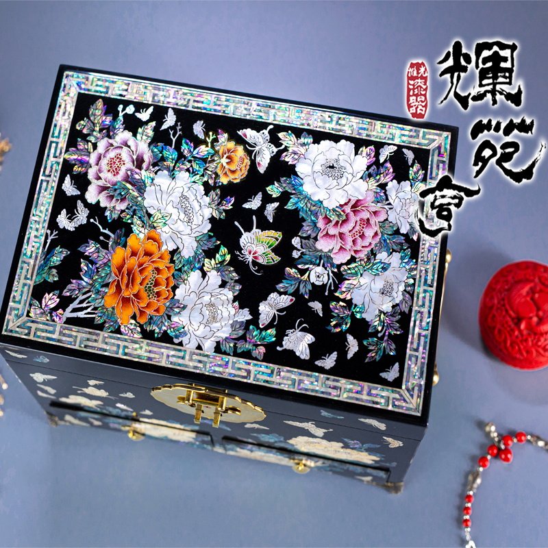 辉苑亨平遥推光漆器手工彩绘实木鲍贝雕刻首饰盒箱嫁妆箱精致高档