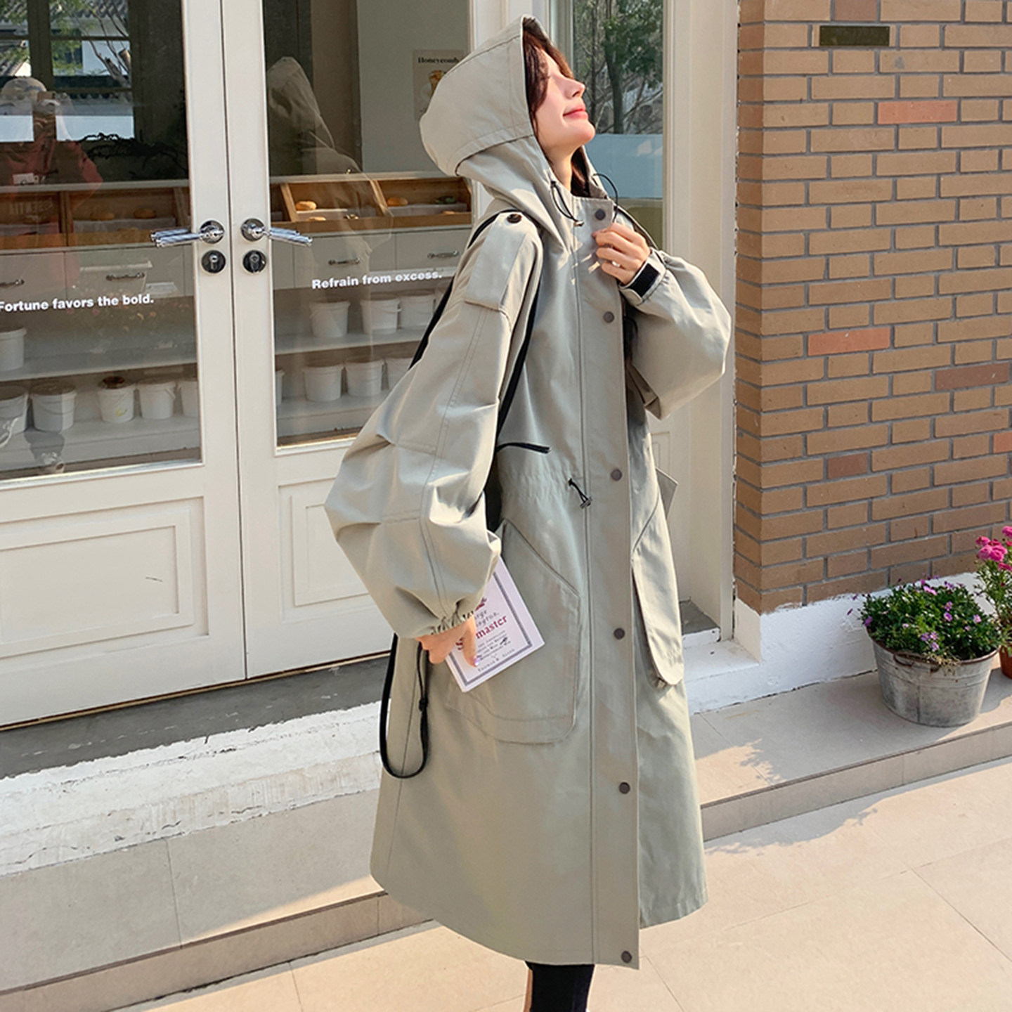 韩系工装连帽风衣外套女中长款2026秋季新款宽松休闲收腰显瘦大衣