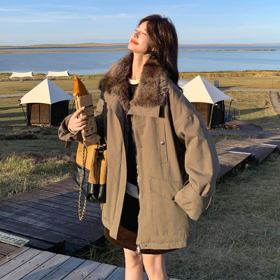 韩系军绿色工装派克服女中长款冬