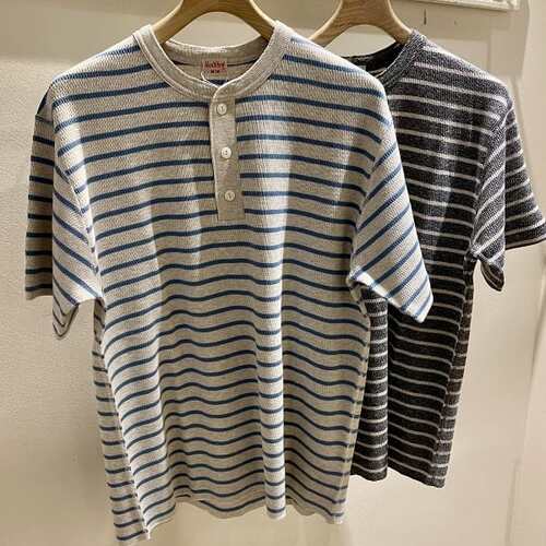 【7折】Healthknit x BEAMS PLUS 纯棉蜂窝亨利领条纹T恤 0132