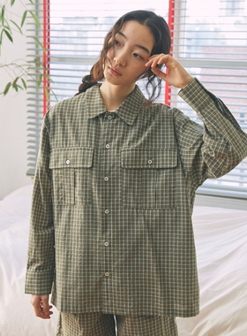 【5折】日本代购 Unblend 男女款 双口袋格纹长袖衬衫 LDsh1395