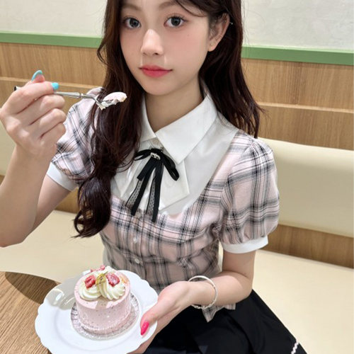 啦啦酱 桥本千绪 学院风假两件复古格子衬衫小个子撞色百褶裙套装