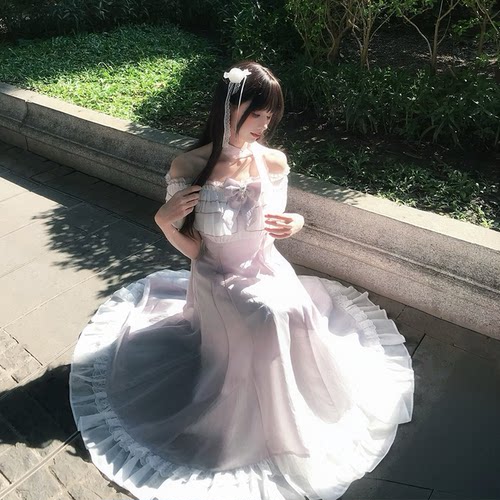 啦啦酱 鸢尾诗 清楚系薄纱荷叶边连衣裙仙气女紫色一字肩长裙女