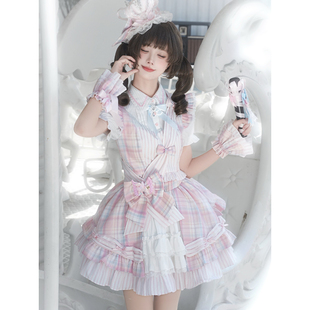 啦啦酱 旋转木马 日系甜美格纹短袖蛋糕裙女夏粉色蝴蝶结半裙套装