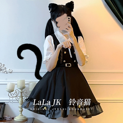 啦啦酱 铃音猫 秋冬学院风背带裙套装纯色衬衫黑色连衣裙两件套女