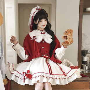 啦啦酱 红昭愿 新年可爱甜美风轻lo斗篷连衣裙撞色冬元旦红色战袍