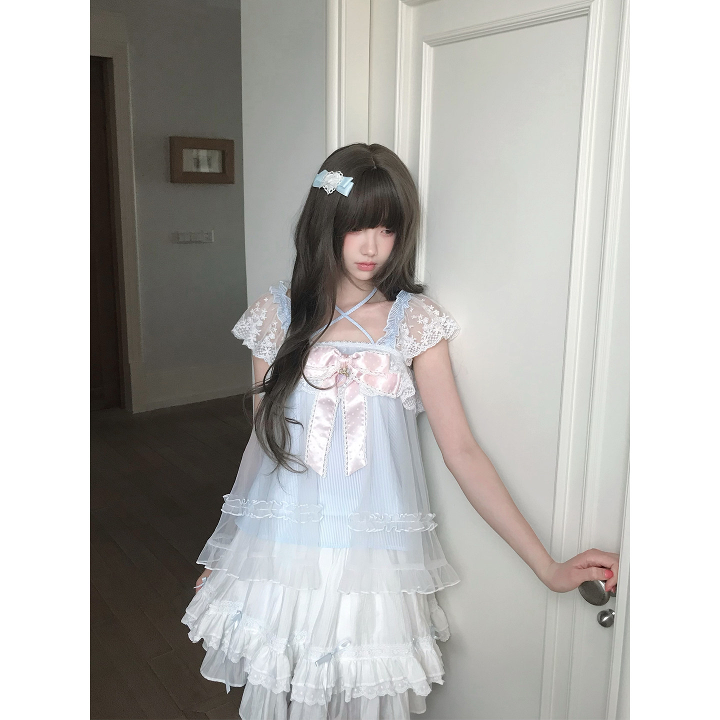 啦啦酱 霜糖童话 baby蓝色蕾丝花边挂脖吊带甜美少女感蝴蝶结上衣