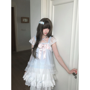 啦啦酱 霜糖童话 baby蓝色蕾丝花边挂脖吊带甜美少女感蝴蝶结上衣