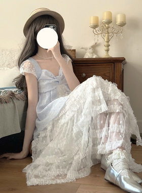 啦啦酱 蓝花楹 baby蓝色蕾丝花边拼接短袖T恤女夏甜美清楚系上衣