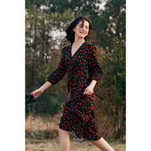 HeyDress法式 玫瑰印花裹身连衣裙女春季 原创抽褶收腰气质茶歇裙子