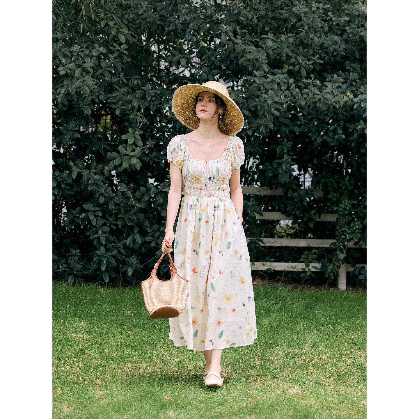 HeyDress法式方领碎花连衣裙女夏季减龄泡泡袖收腰显瘦纯棉裙子