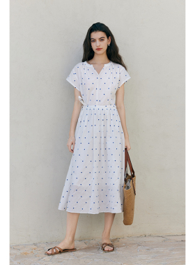 HeyDress蓝色波点连衣裙女夏季法式V领收腰显瘦设计气质田园裙子