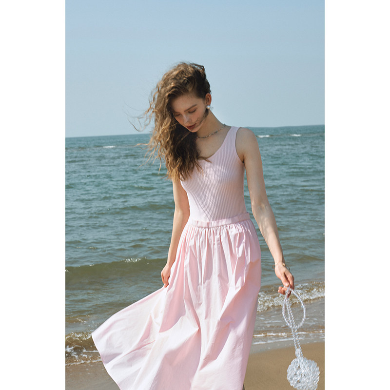 HeyDress针织背心裙女夏季法式圆领收腰设计感连衣裙气质无袖裙子