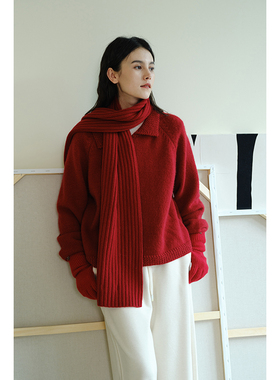 HeyDress法式翻领针织开衫女秋冬复古红色毛衣慵懒百搭宽松上衣