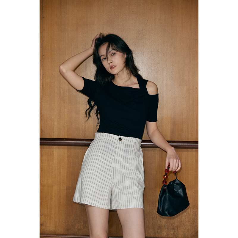 HeyDress露肩短袖T恤女夏季法式扭结设计感修身半袖高级黑色上衣