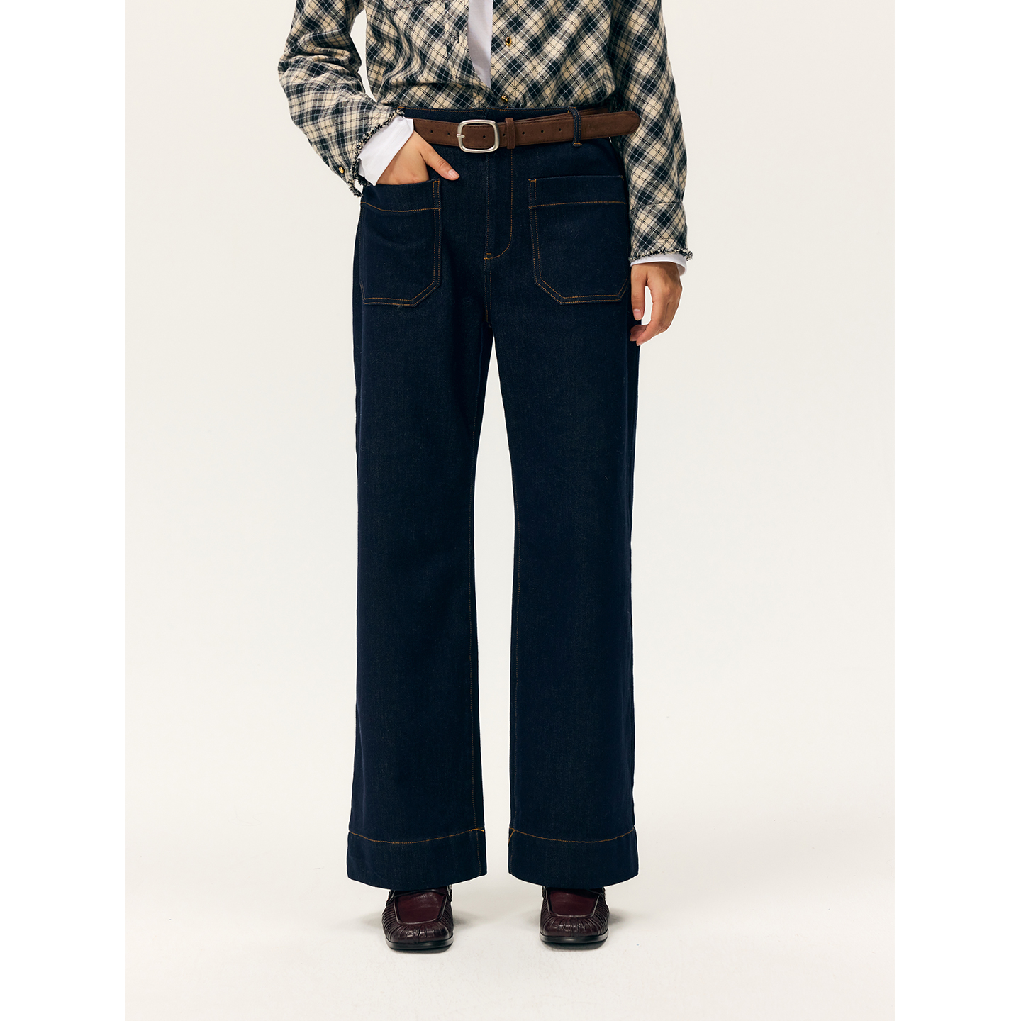 法式修身直筒加绒牛仔裤