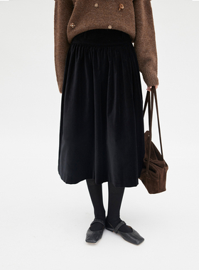 HeyDress黑色丝绒半身裙女秋冬法式复古高腰显瘦伞摆半裙百褶裙