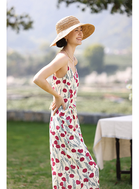 HeyDress虞美人印花吊带连衣裙女夏季法式复古抽褶碎花裙浪漫裙子