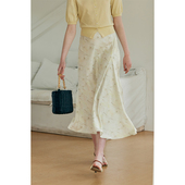HeyDress黄色印花半身裙女夏季 法式 浪漫缎面半裙高级气质垂感裙子
