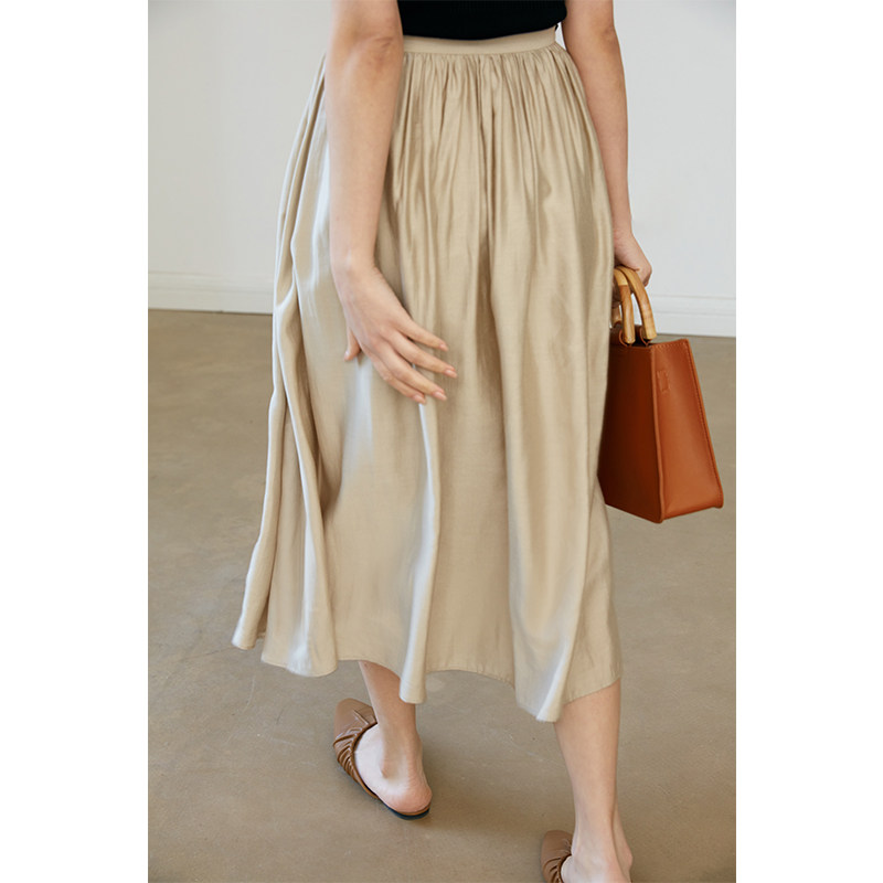 米色薄款半身裙女夏季法式高腰显瘦伞裙中长款百褶裙百搭气质裙子