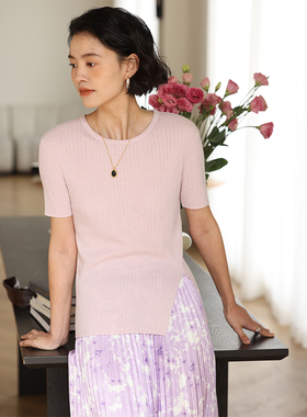 HeyDress法式针织T恤女夏季圆领坑条显瘦开叉设计感百搭短袖上衣1