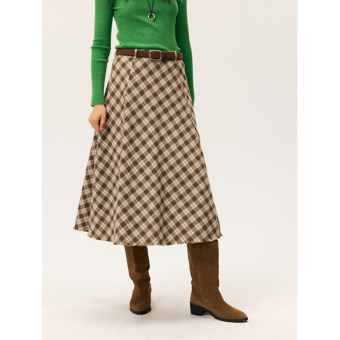 HeyDress复古格纹半身裙女秋冬法式高腰显瘦设计A字优雅磨毛半裙