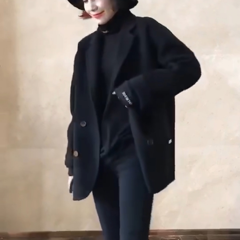 欧货双面羊绒大衣女小个子2021秋冬新款100%羊毛呢西装短外套宽松