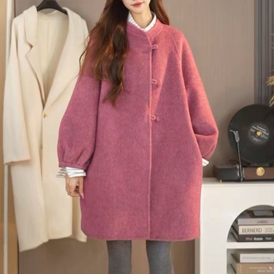 高端韩系双面羊绒大衣女中长款秋冬新款圆领单排扣宽松羊毛呢外套