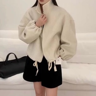 韓版 韓系高端雙面羊絨大衣女秋冬短款 立領(lǐng)拉鏈夾克羊毛呢外套寬松